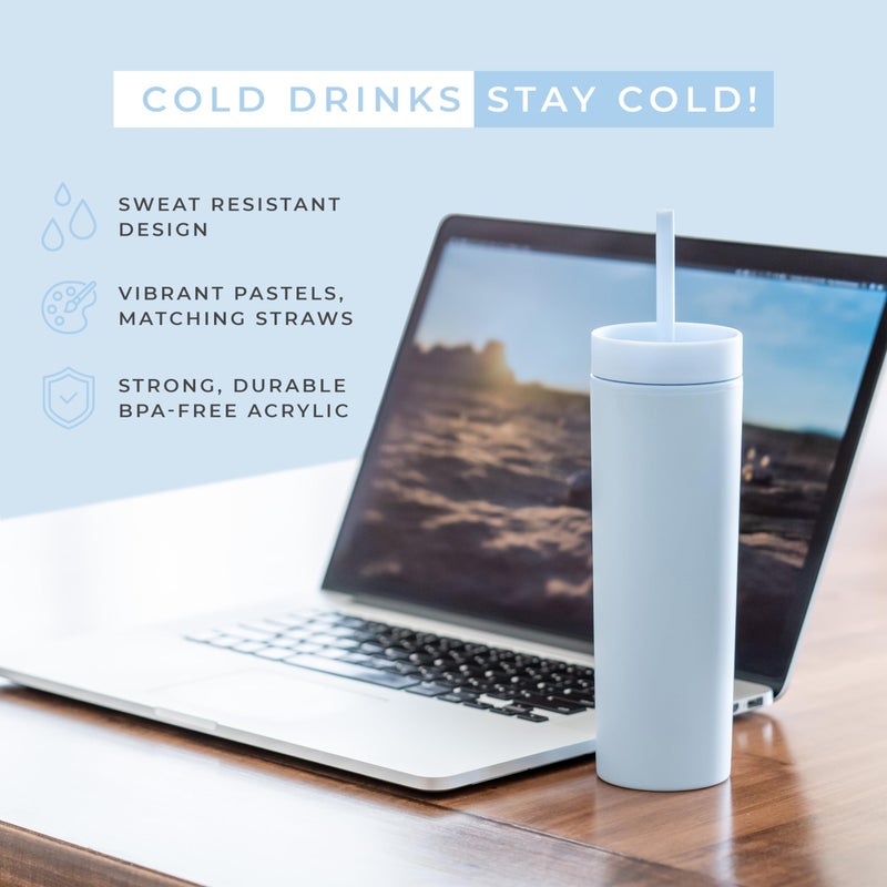STRATA CUPS Perwinkle Skinny Tumblers with Lids and Straws (4 pack), 16oz Matte Pastel Colored Acrylic Tumblers with Lids and Straws, Double Wall Skinny Tumbler Bulk, Reusable Cup with Straw Cleaner - Image 2